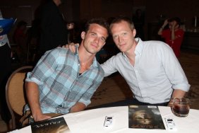 Cam Gigandet, green plaid shirt, tan pants, Paul Bettany, white shirt, black pants